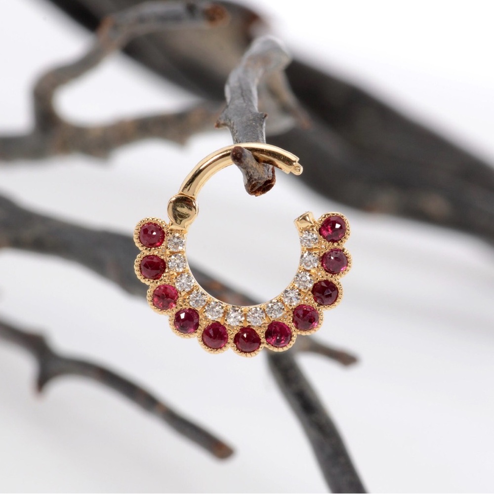 Helix septum clicker 14k solid gold, white diamonds + ruby stone piercing hoop